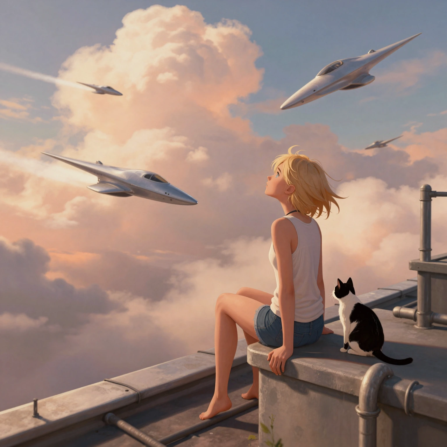 Digital illustration in soft painterly anime style showing a young woman named Elle with short blonde hair and big blue eyes sitting barefoot on a roo