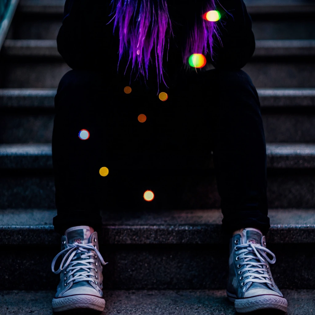 Highly detailed, photorealistic, professional photography, close-up, Silhouetted figure in punk attire, purple streaking hair, 3D effect, strong chromatic aberration, silver High-tops, stunning visuals, highly detailed, vibrant colors, sitting on con