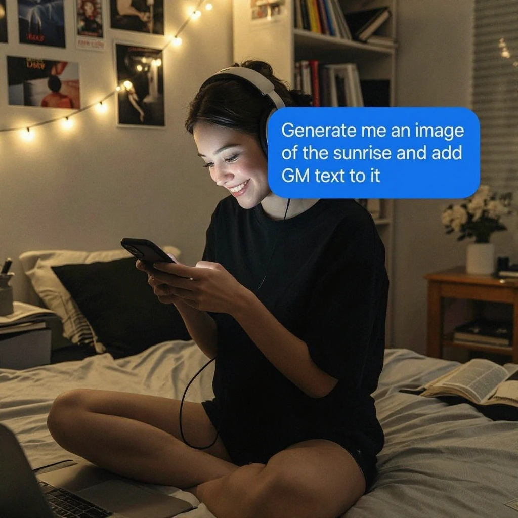 1girl, early 20s, black t shirt, black shorts, checking phone, sitting on bed, bedroom, listening to music, happy face, headphones, over-ear headphone
