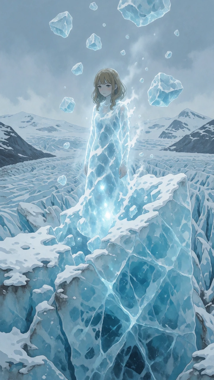 Extremely detailed surreal keyframe in the exact distinctive artistic style of sref 3783066734. A young woman with light brown-blonde hair and facial features closely matching the kombucha girl stands as the ghostly spirit of a glacier. Her transluce