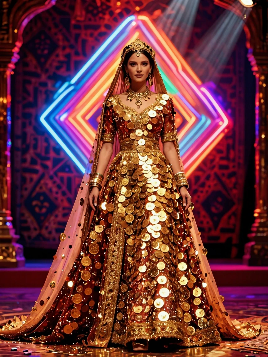 An impressive image of a Turkish bride covered with golden coins pinned on her traditional wedding dress, full body shot, background is eclectic and anahylistic neon diamand shaped