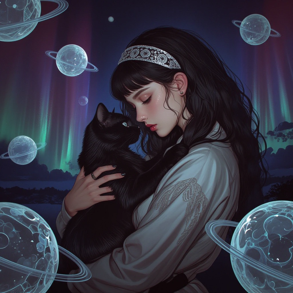 Intimate portrait of a woman and black cat surrounded by floating crystalline planets and rings, their faces close together against a deep space backdrop with aurora borealis colors.