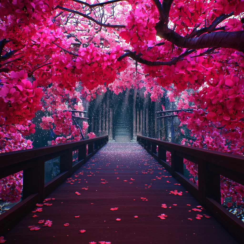 # Cherry Blossom Pathway A wooden bridge stretches into dreamy softness, framed by explosions of hot pink cherry blossoms. Dark wooden railings guide the viewer's eye forward toward distant stone steps, creating depth and invitation. Overhead, gnarle