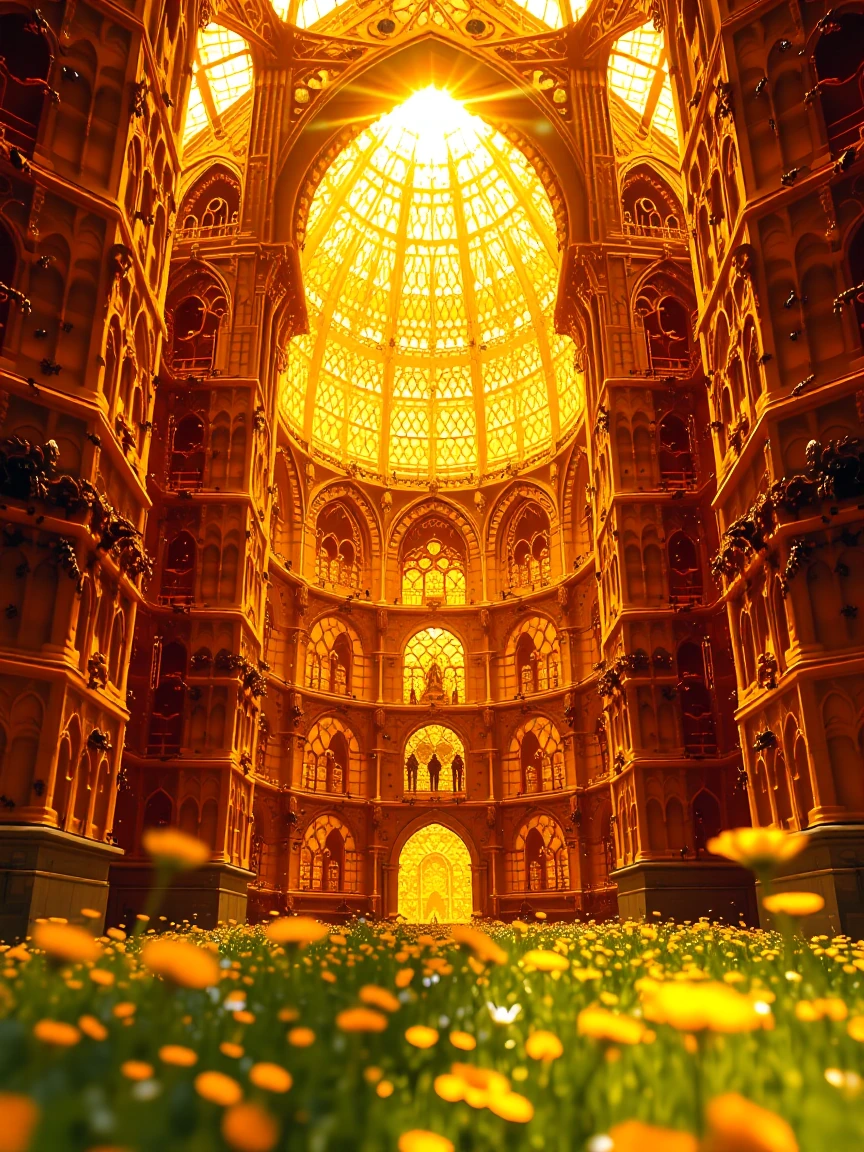 A towering hexagonal honeycomb cathedral: massive wax walls in warm amber and gold, geometric chambers stacked vertically in perfectly interlocking he