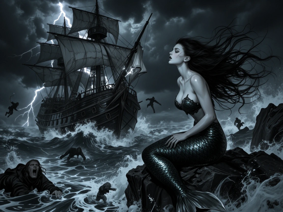 A haunting mermaid sitting gracefully on a jagged ocean rock, singing an eerie, hypnotic song, her long wet hair flowing in the wind, pale glowing skin and dark shimmering scales, mysterious and sinister expression. The ocean is violent and stormy un