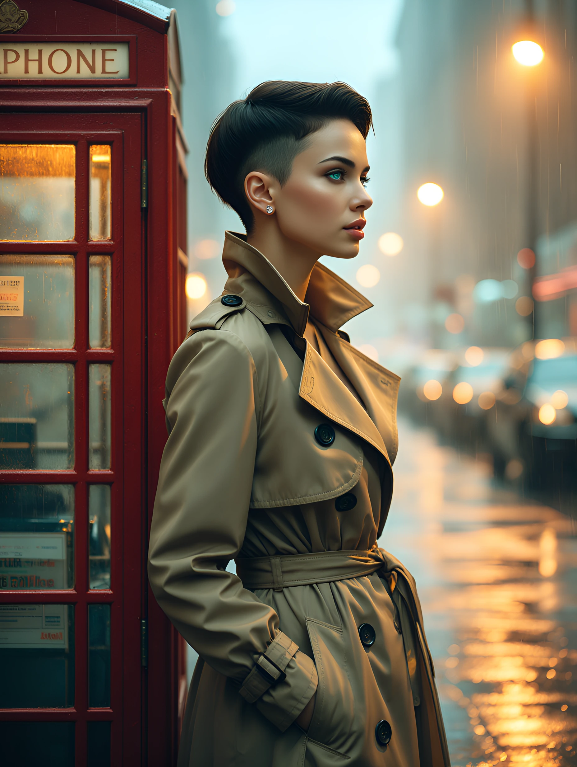 Cinematic, commercial photography, melancholic atmosphere, 8K resolution. In the misty rain of an old London street, the cobblestones reflect the dim 