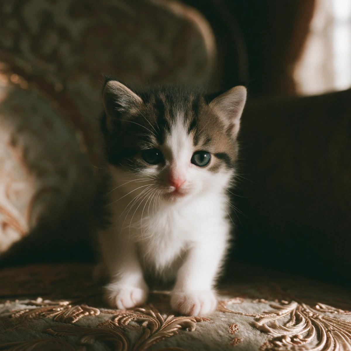 Cutest little kitten, sticking out his tongue or tongue out Tuesday. π maybe he is in a fancy living room, but make it a very amateur Kodak photo maybe like a Kodak Instamatic if you know what that is.