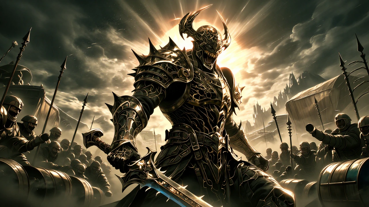 Insane Chaos Champion screaming "Blood for the Blood Lord!" wearing ornate onyx plate armour shot through with veins of pure gold, wielding a serrated great sword under a dying sun. the last rays of light illuminate the Chaos Champion while the human