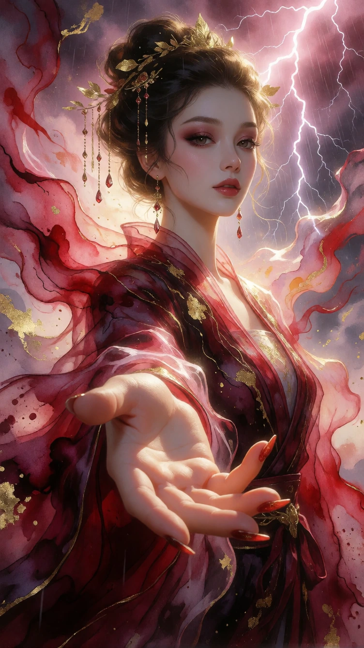 Highly detailed painterly portrait of an ethereal woman reaching forward, three-quarter view, dramatic foreshortened hand in the foreground. Flowing translucent robes like alcohol-ink and watercolor washes in deep crimson, burgundy, rose, blush, infu