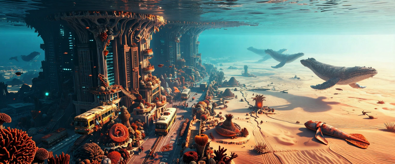 Capture a surreal inverted world where a vast metropolitan city grows organically from the ocean floor, its skyscrapers branching upward like living coral formations, windows glowing with bioluminescent blue-green light filtering through deep water, 