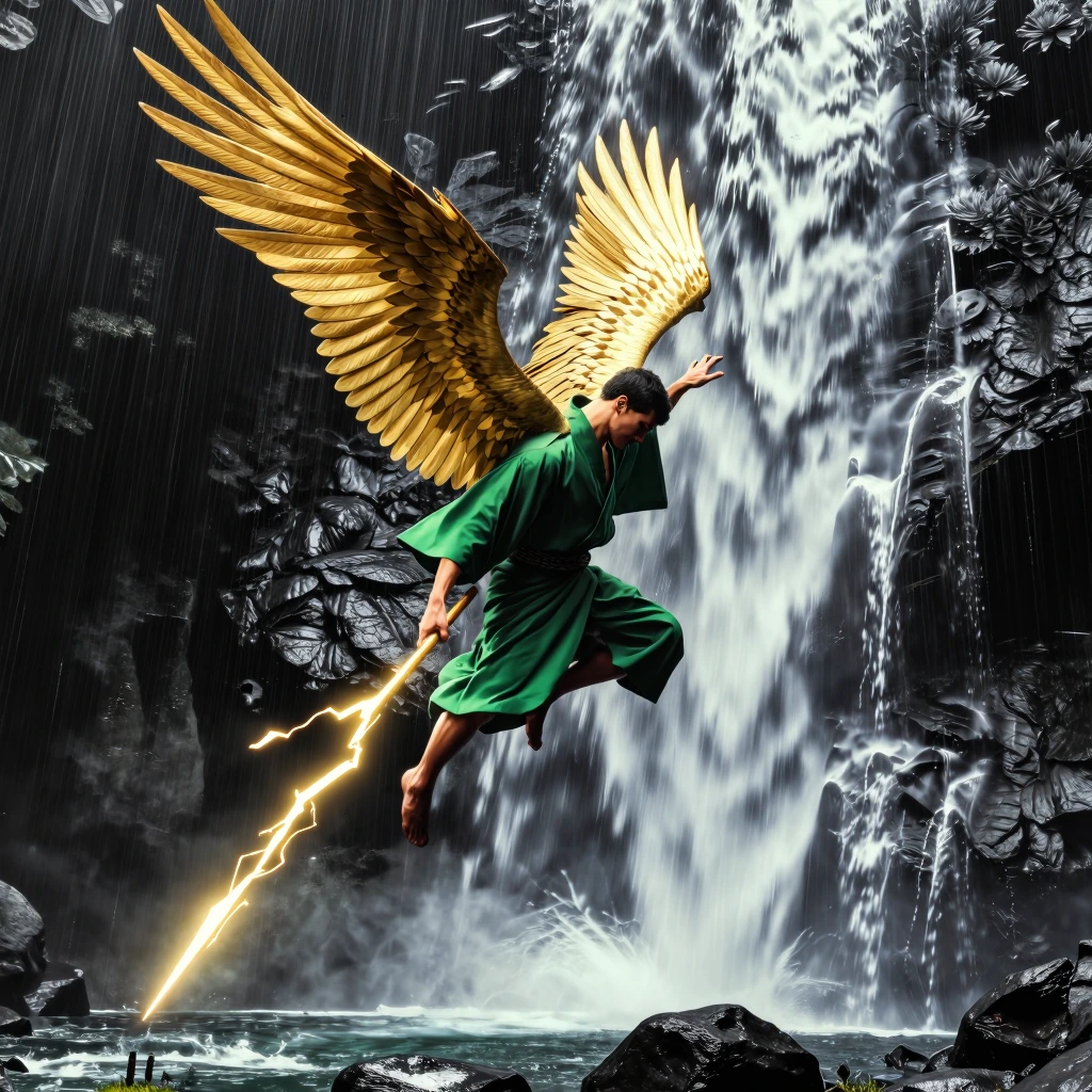 a man, golden wings, green yukata, lightning spear, flying, waterfall, rain