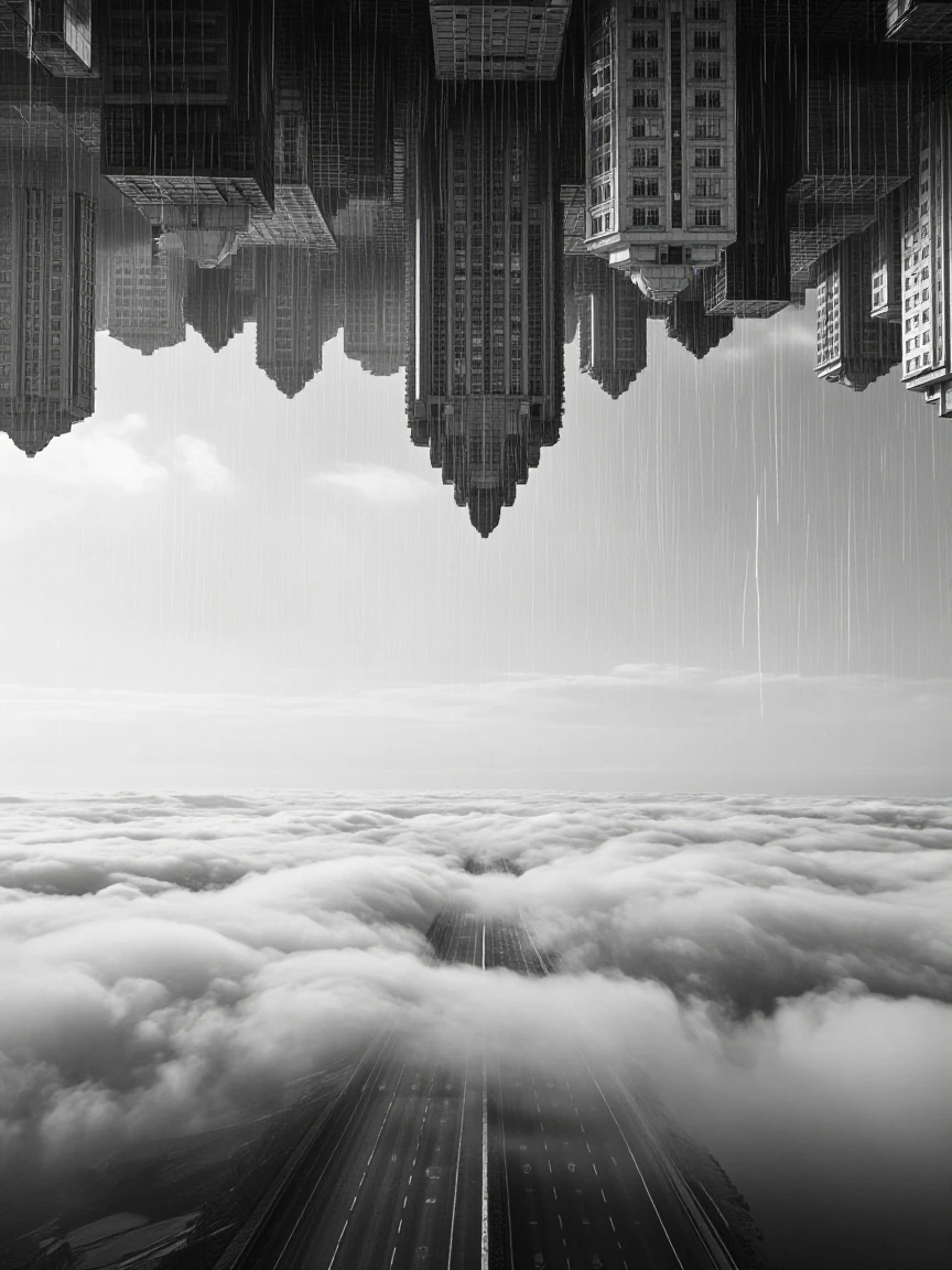 An inverted cityscape suspended upside-down above a highway of clouds, with rain falling upward in defiant streaks toward the floating buildings. Shot
