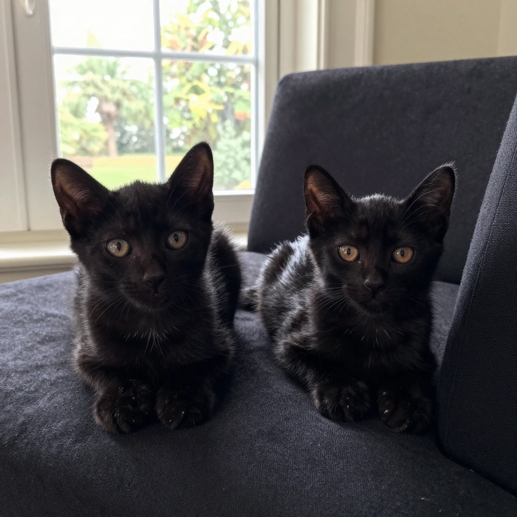 Black kittens on a black couch. Fancy sunroom. Amateur photo. Natural poses.