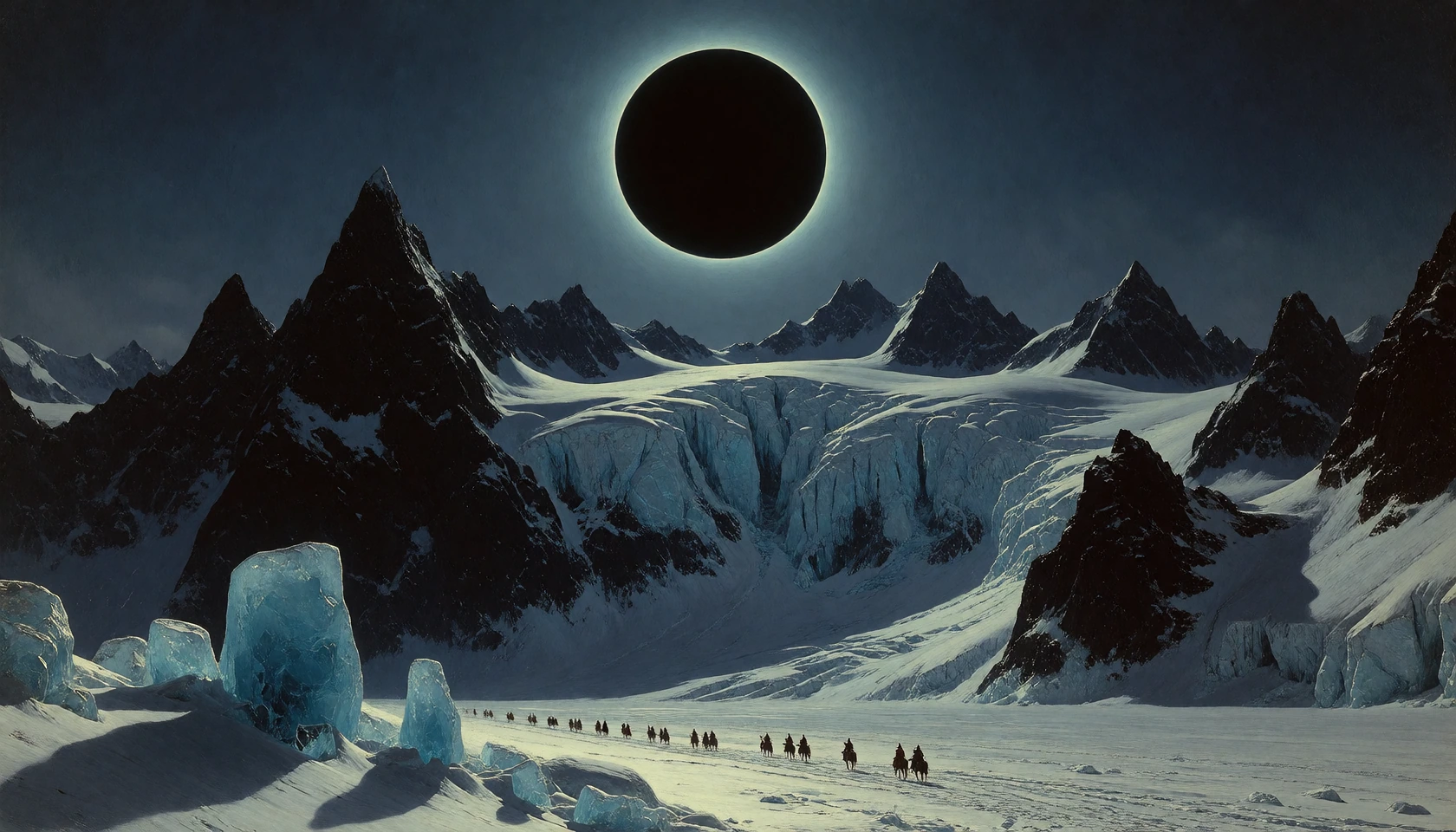 An epic dark fantasy oil painting in the manner of 19th-century Romantic landscape painting, vast and sublime. A blackened sun hangs low over an endless frozen mountain range: a perfect disc of absolute black rimmed by a thin, sickly corona of pale s