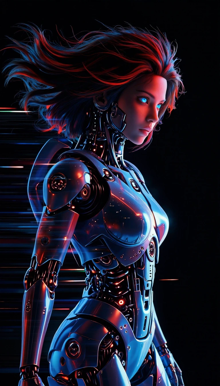 "Create an ultra-realistic, full-body design of a stunning futuristic female cyborg, merging human and robotic aesthetics. Focus on intricate, captivating details, designed with a balance of organic and mechanical elements. [Core Features]: 1. Facial