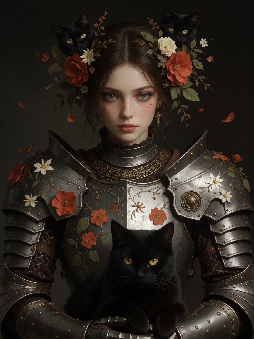 Dark Souls style woman, boss armor, floralpunk
