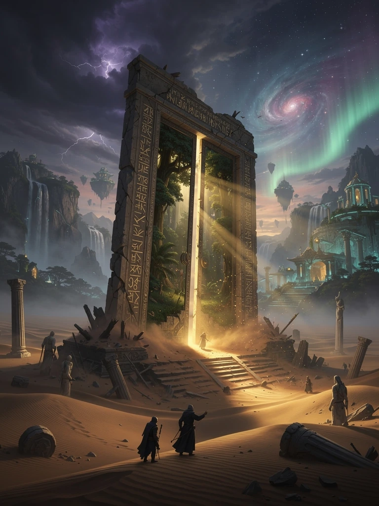 A vast golden desert stretching to the horizon beneath an endless twilight sky. Half buried among ancient dunes stands an impossibly ornate stone doorway with no surrounding walls, weathered by thousands of years yet untouched by time. The massive do