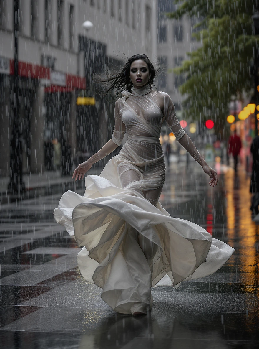 A striking fashion muse in motion beneath falling rain, captured mid-turn with explosive elegance, wet couture fabric sculpted by wind and movement, sharp cheekbones, fierce gaze, glossy skin, rain beading across dramatic styling, bold lighting, refl