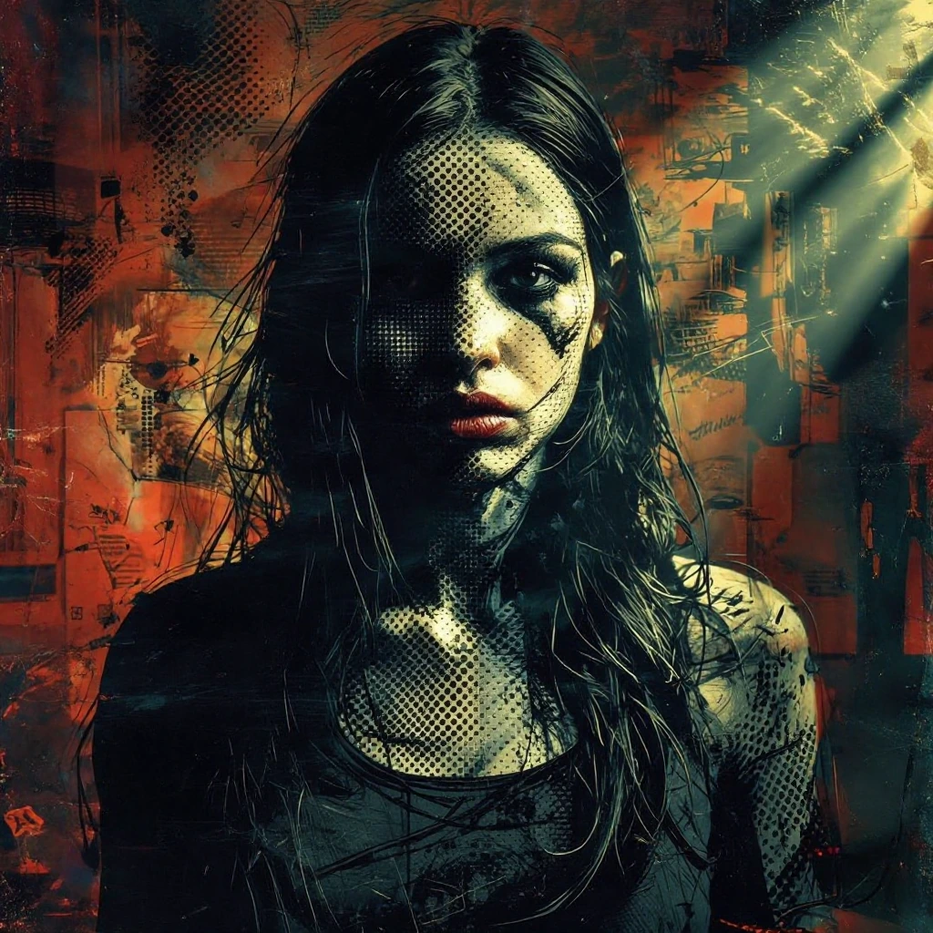 A woman depicted in Halftone Horror, using varying sizes of black dots to create a stark, high-contrast image. Focus on unsettling imagery and dramati