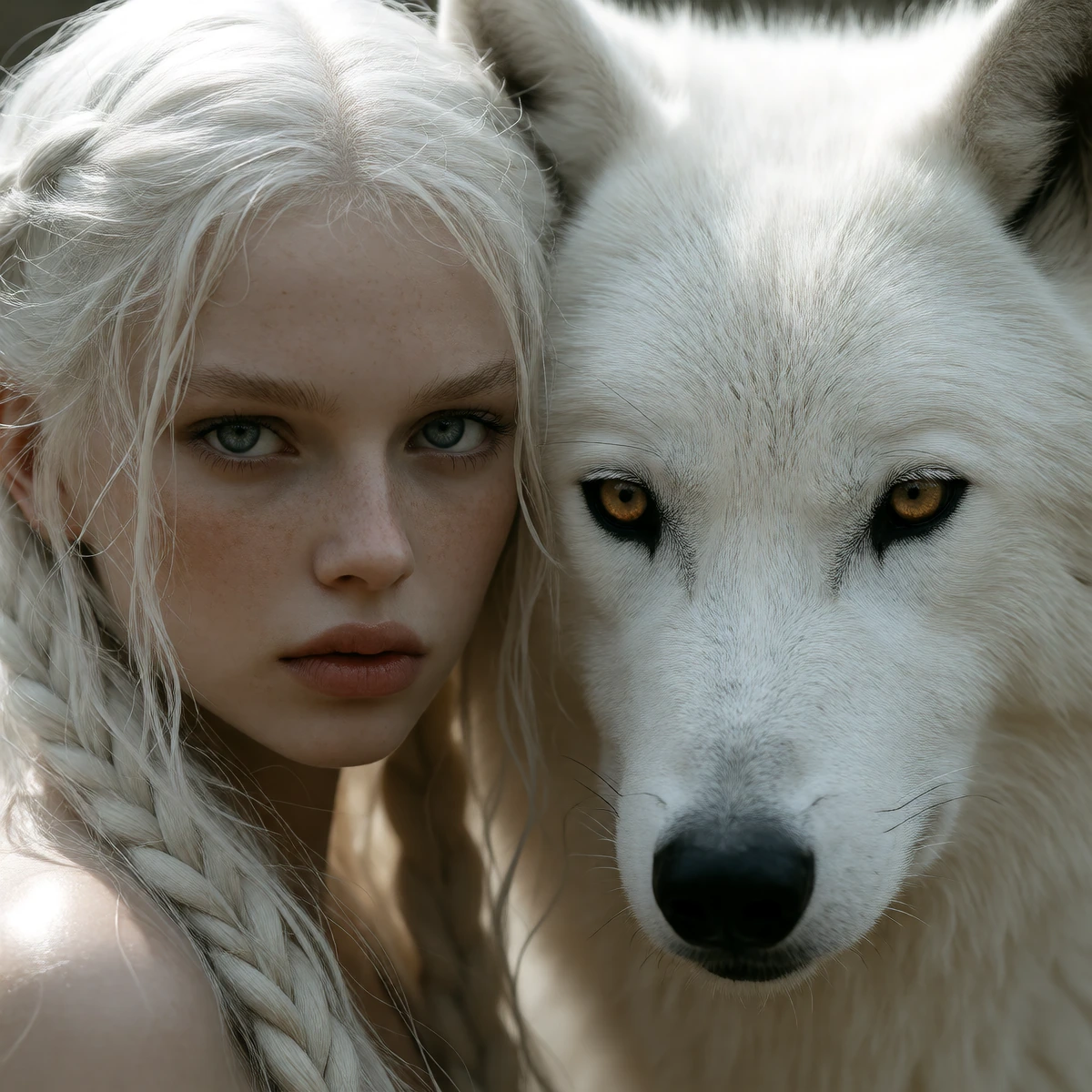 Albino white pale woman with white wolf posing close to the camera, both have the same ice blue eyes