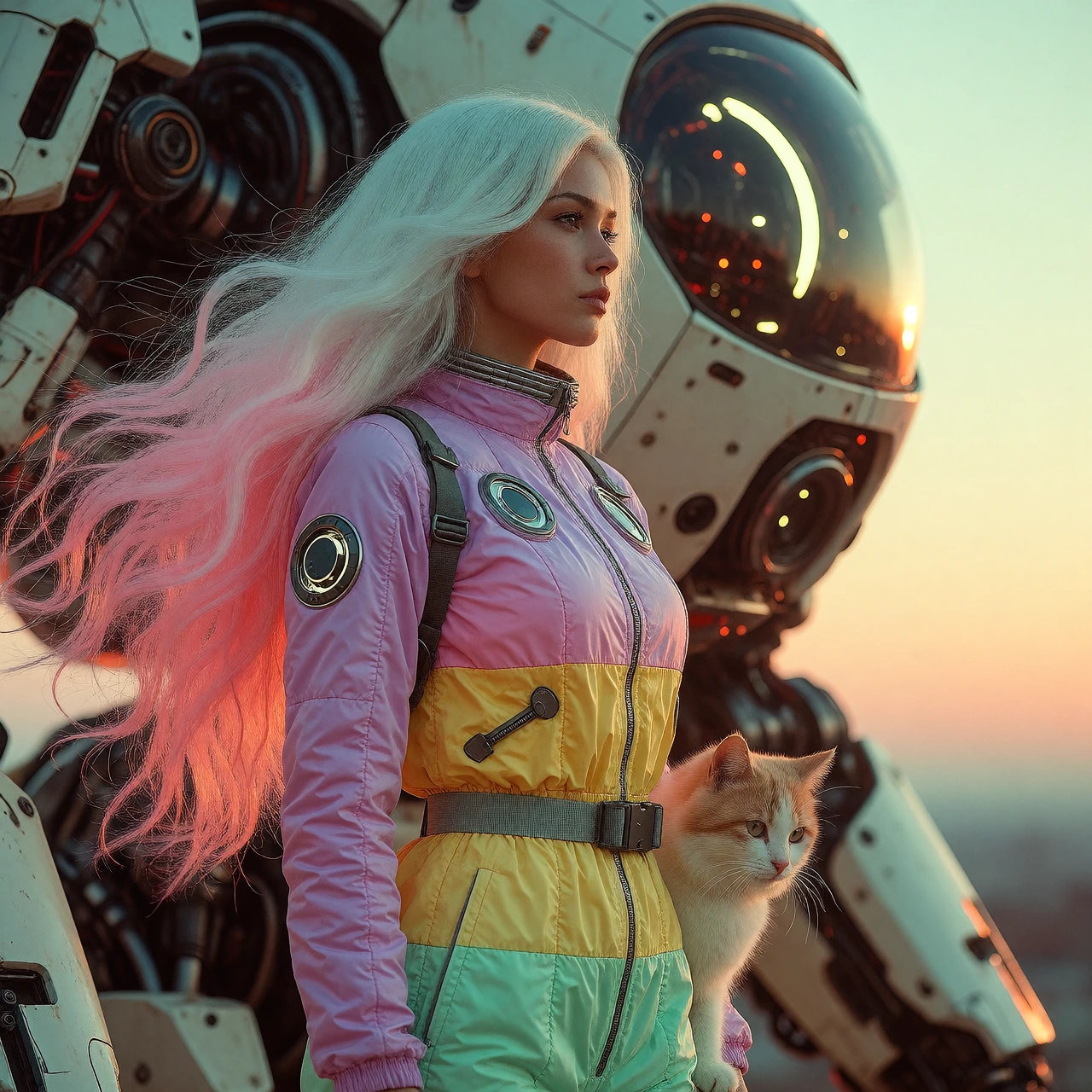 woman warrior long flowing platinum ombre hair with her cat and a giant mech, wearing a lavender pink yellow seafoam green jumpsuit, at sunrise