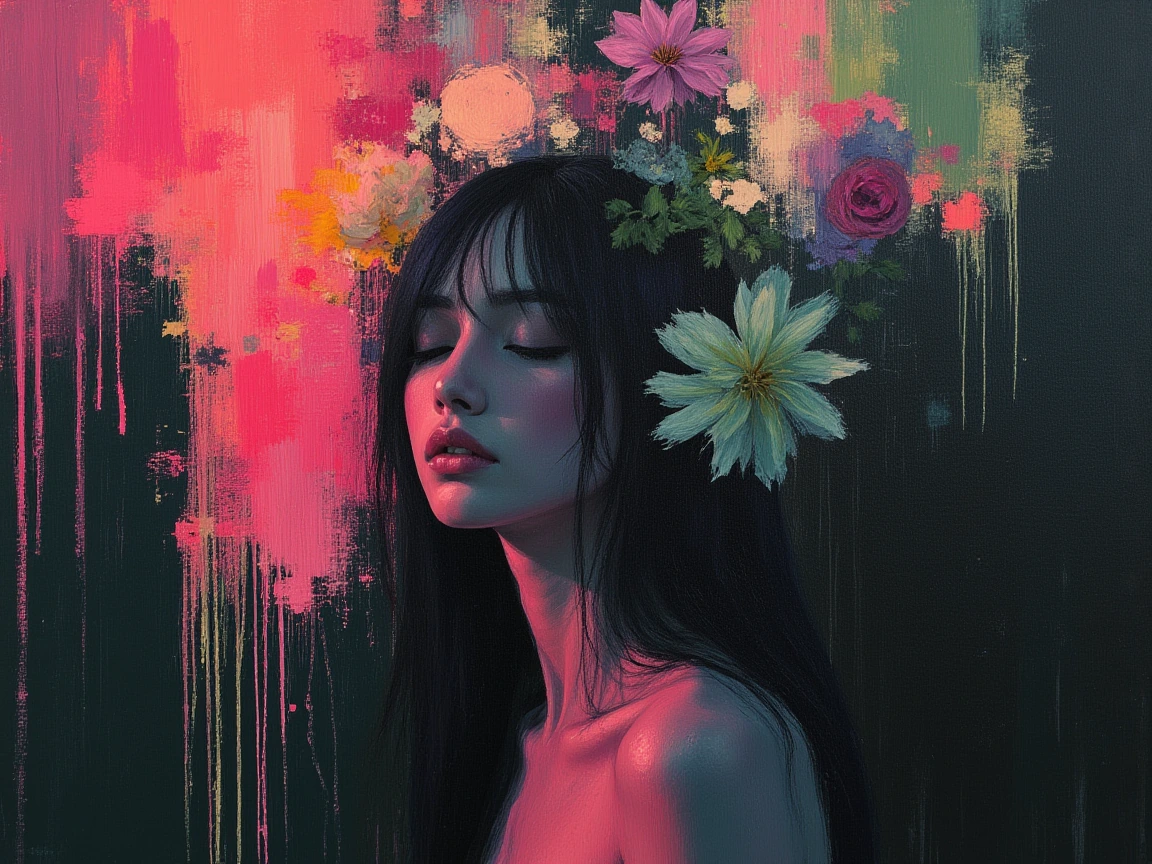 A stunningly beautiful woman interpreted through Geometric Color Field Harmony, where large blocks of color interact with geometric shapes, creating a sense of balance and tension. Employ red and green in large, flat areas, juxtaposed with geometric 