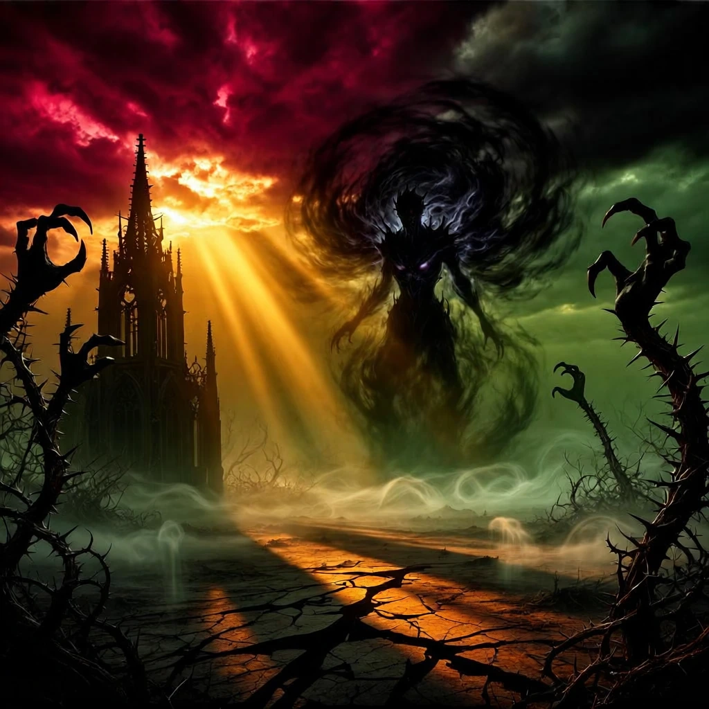 Dawn breaking through crimson and obsidian storm clouds, apocalyptic light casting long sinister shadows across a barren landscape, malevolent presence manifesting as swirling dark energy coalescing in the distance, golden sunlight clashing violently