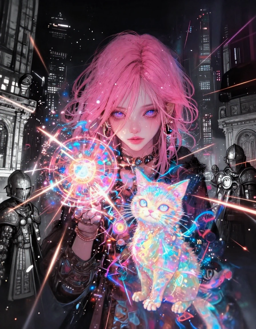 beautiful woman pink hair with an iridescent luminous cat in a futuristic city.