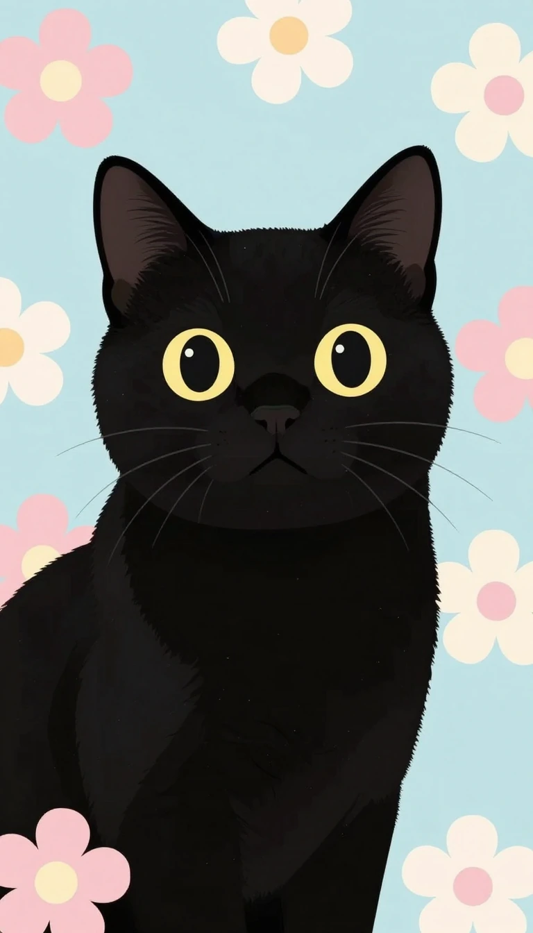 flat art, black cat, big eyes, pastel flowers.