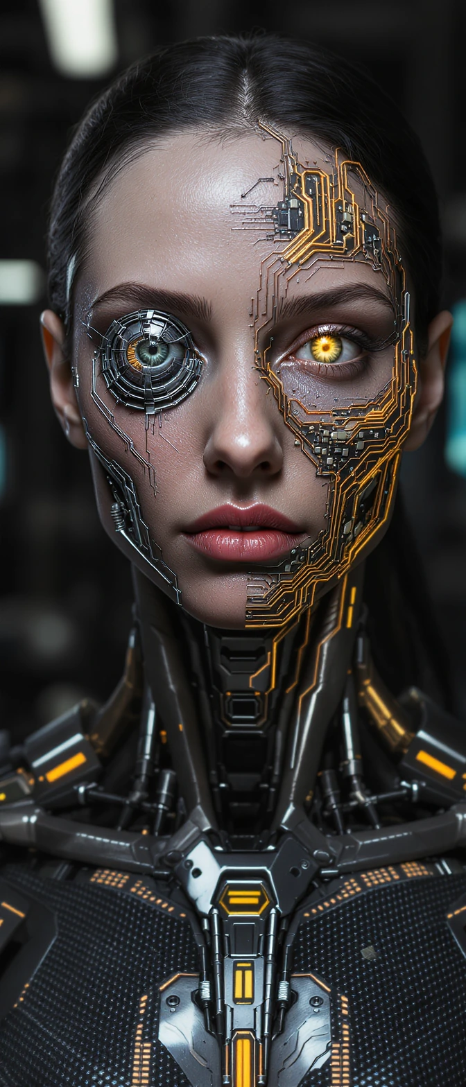 An ultra-long, narrow vertical portrait photograph (9:21 aspect ratio), captured with hyper-photorealism, focusing on a highly intricate female cyborg. The right side (her left) of her face features flawless, pore-level textured skin with natural fre