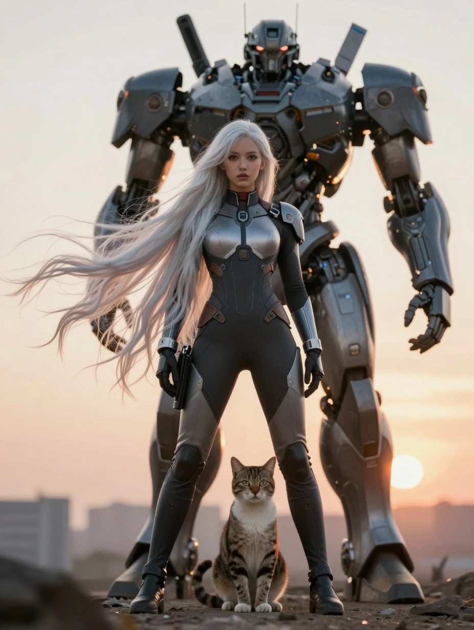 woman warrior long flowing platinum ombre hair with her cat and a giant mech, wearing a futuristic jumpsuit, at sunset
