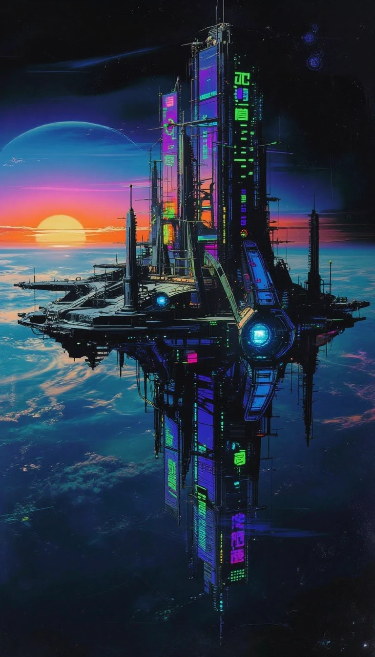 Cinematic wide shot establishing an alien space station floating majestically in the vast, star-strewn expanse of space; the station is a complex, asy