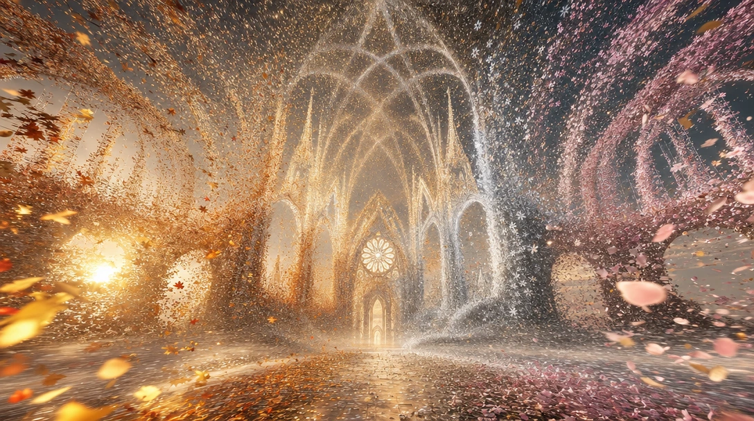 A vast cathedral of invisible architecture revealed entirely through swirling particle flows—dust motes, autumn leaves, snowflakes, and flower petals moving in synchronized spirals that trace soaring gothic arches, ribbed vaults, and needle-sharp spi