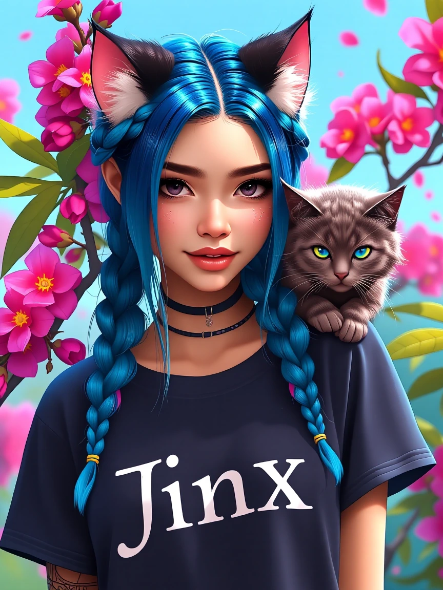 Beautiful Asian Jinx blue braids, pink flowers, with a cat on her shoulder. Jinx is wearing a Tshirt with “Jinx” on it.