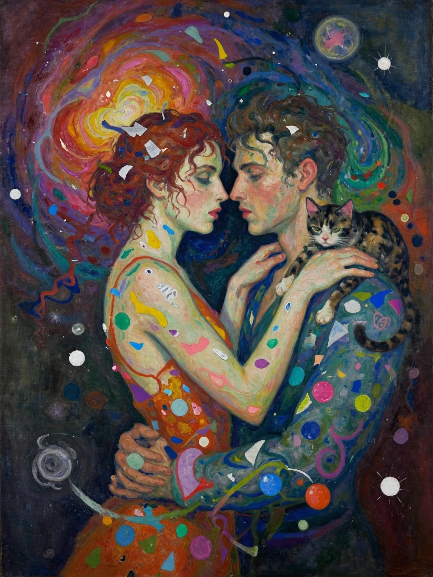 Closeup An abstract interpretation of a fantasy romance, 1woman 1man depicted through swirling nebulae of color and fragmented geometric shapes. Cat on womanβs shoulder. Hints of intertwining figures and celestial bodies emerge from the chaos. The ar