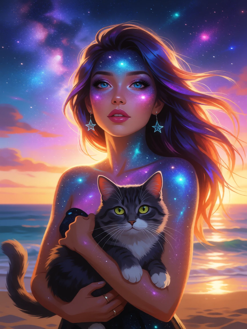 beautiful galaxy inspired woman with her cat at a carnival, galaxy sky, galaxy luminism, ocean