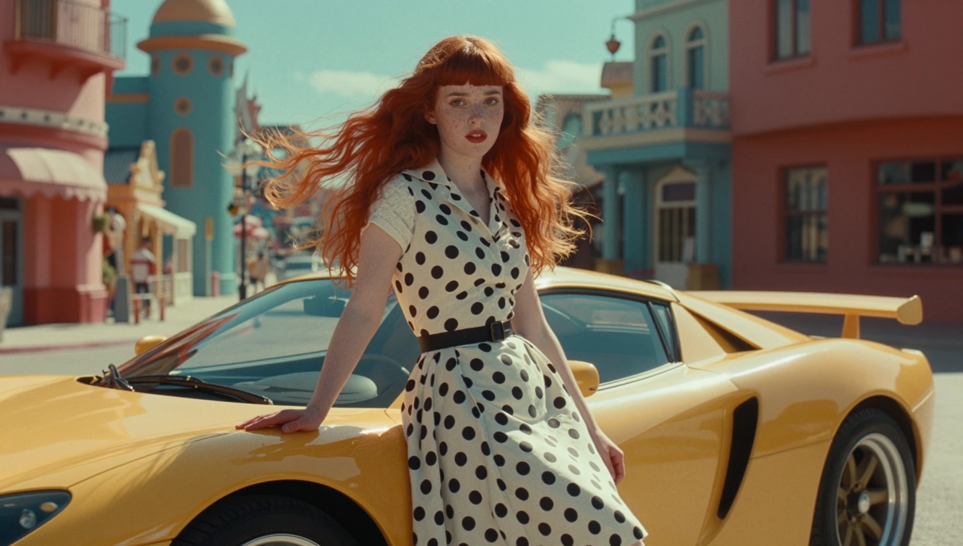 perfect photo, photorealistic, sharp focus, soft light, intricated details, highly detailed, 16k, shallow dof, raw photo, masterpiece, (american 19 yo girl posing:1.2), with a supercar (ginger hair:1.3), (straight hair with bangs:1.2), (freckles), (1