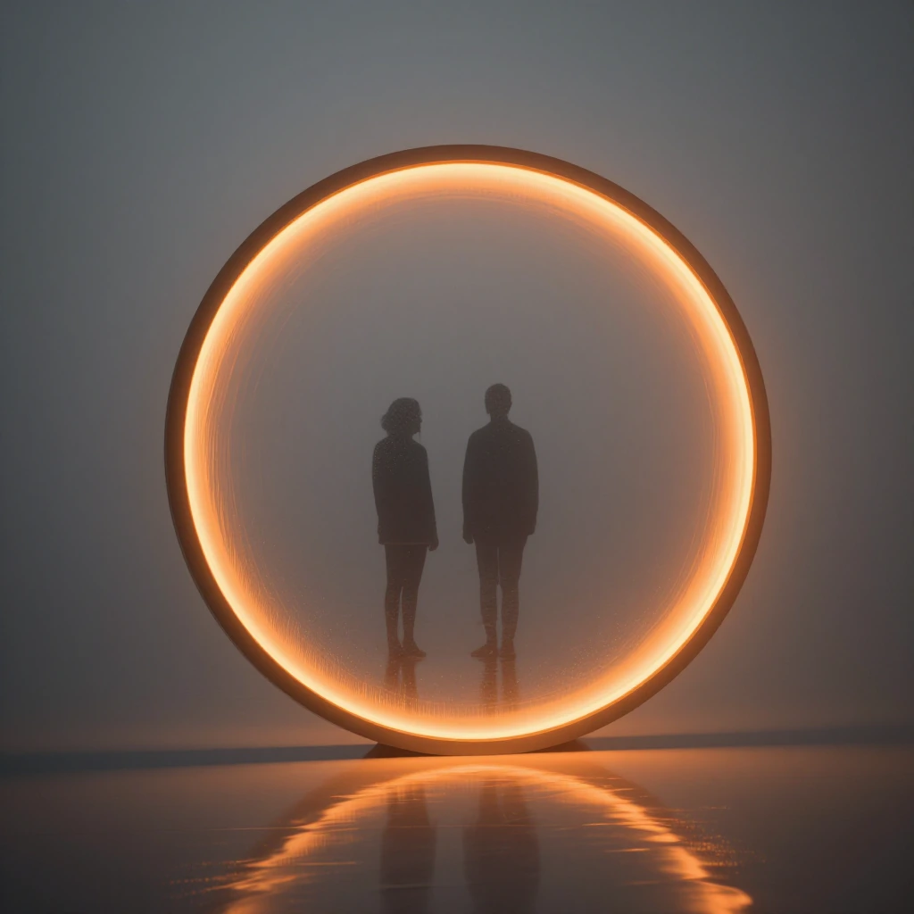 photorealistic digital rendering minimalist art installation circular glass mirror illuminated from behind with warm orange light creating glowing ring effect mirror reflecting silhouettes of two people standing in foggy background soft ambient light