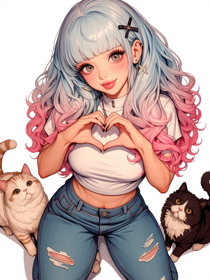 One girl, ice cream colors, heart with hands, smile, three fluff cats, shaggy ombre hair, butterfly barrette, x barrette, crop top, hip hugger jeans, 