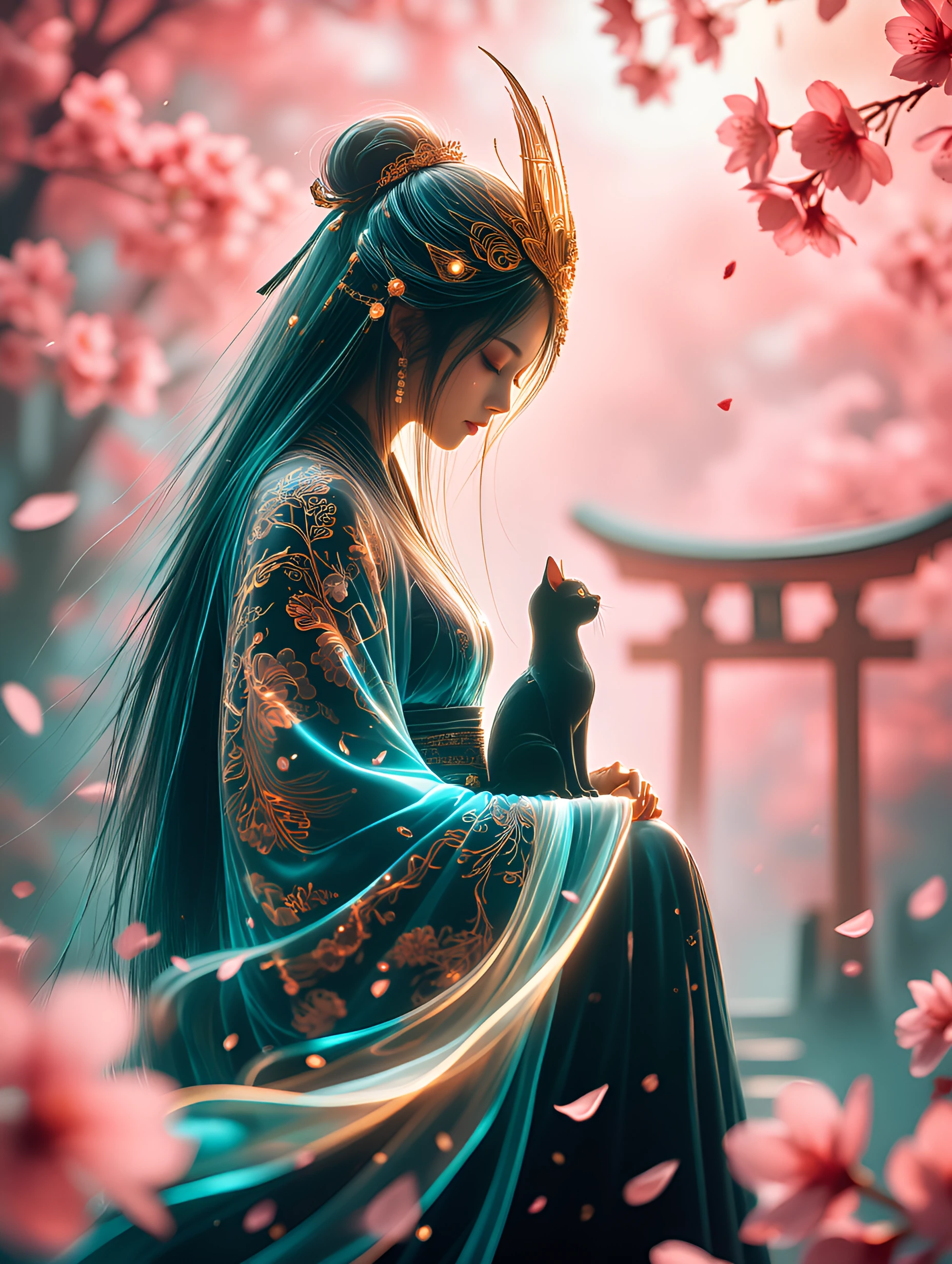 Beautiful Samurai ghost, transparent and luminous, with a ghost cat, cherry blossoms, Torii gate