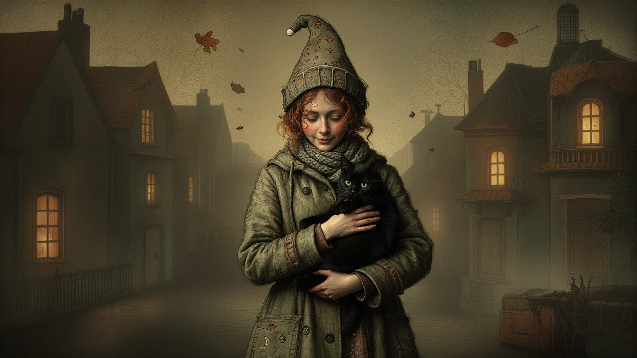 Portrait of a solitary whimsical woman standing with a black cat nestled in her arms, frontal full-body composition, soft muted autumn palette of warm sepia, ochre, moss green and dusty rose. The woman wears a detailed textured coat with visible stit