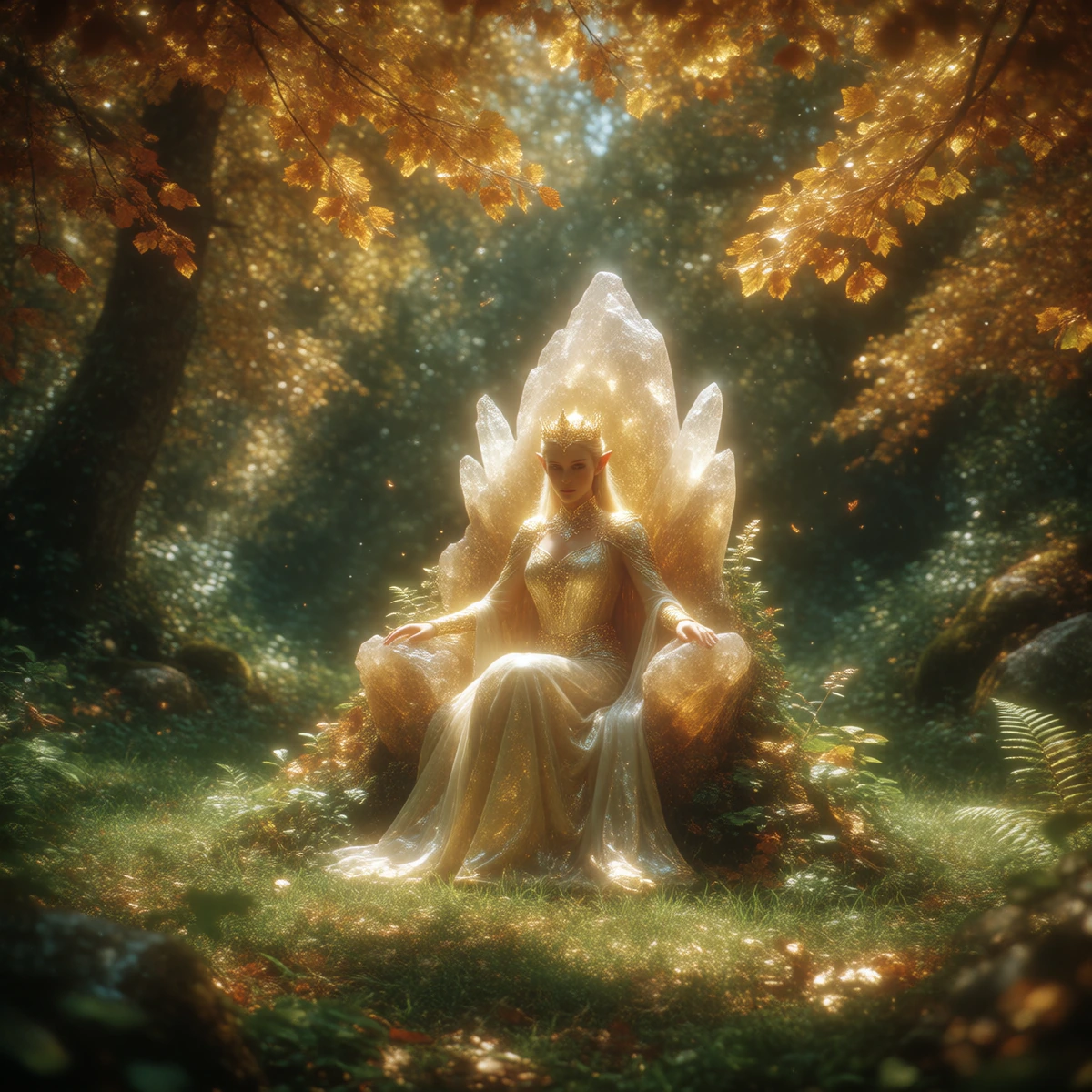 A serene ancient high elf female Queen seated upon a softly glowing natural crystal throne situated in a verdant clearing in a mystical forest, the au