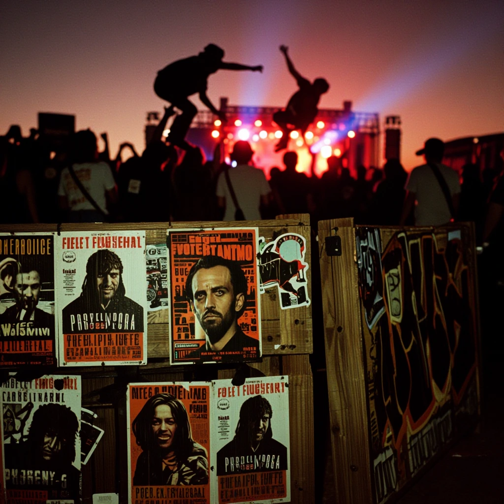 Gritty detail shot of weathered posters and graffiti-covered wooden barriers at dusk, with silhouettes of crowd surfing figures backlit against an amb