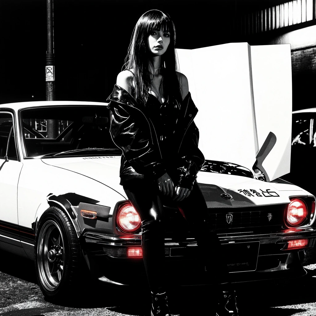 # Midnight Encounter A striking black-and-white illustration depicts a woman with long dark hair and bangs, standing confidently beside a classic Japanese sports car. She wears an off-shoulder black jacket over dark clothing, her posture relaxed yet 