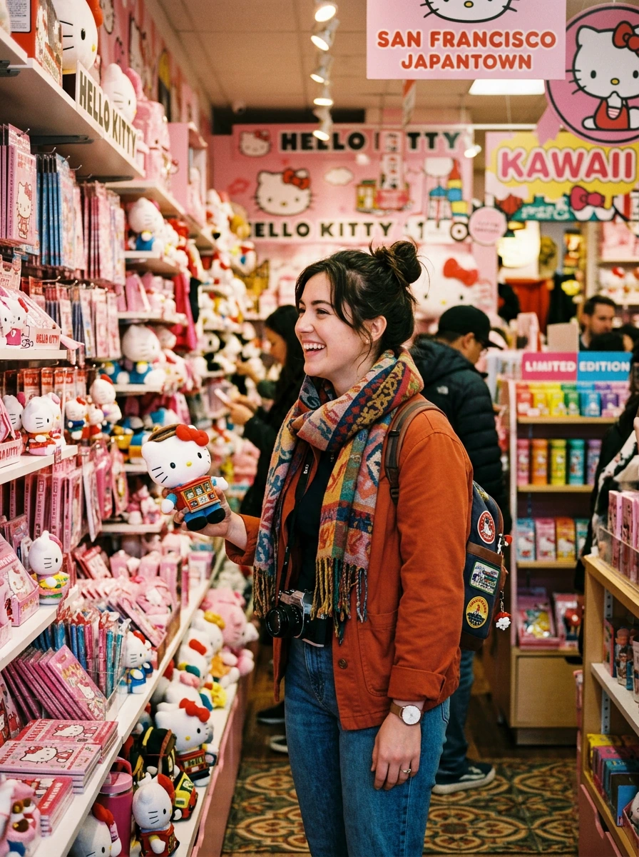 Woman visiting San Francisco, Japan, town and looking around in the hello Kitty store. Make it realistic, but add a little bit of an artistic touch please so that it isn’t boring. 😂