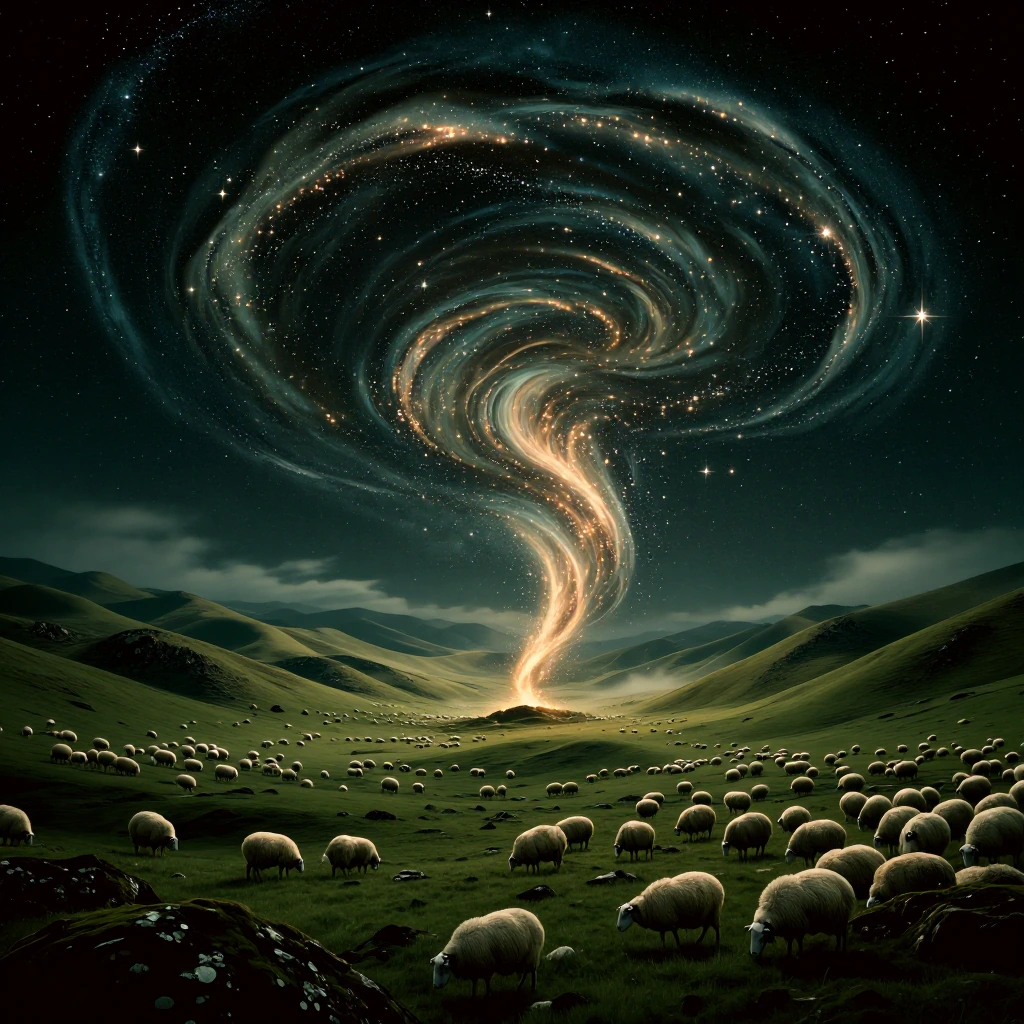 Surreal scene: A Swirling cosmic stars form a glittering tornado in the centre of a lush green valley surrounded by rolling hills feed upon by flocks of sheep.