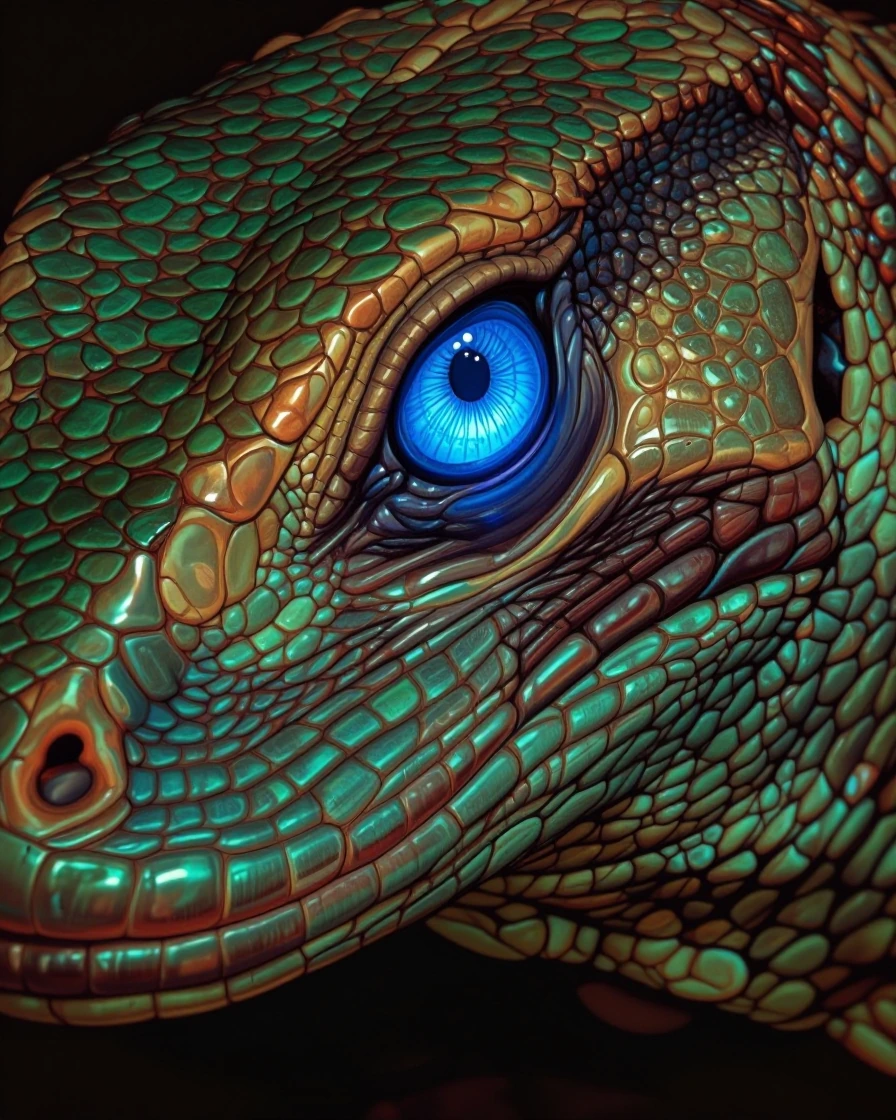 A close-up of a large, colorful lizard inspired by a Komodo dragon, with ultra-realistic skin textures and vibrant natural coloration. The lizard’s sc