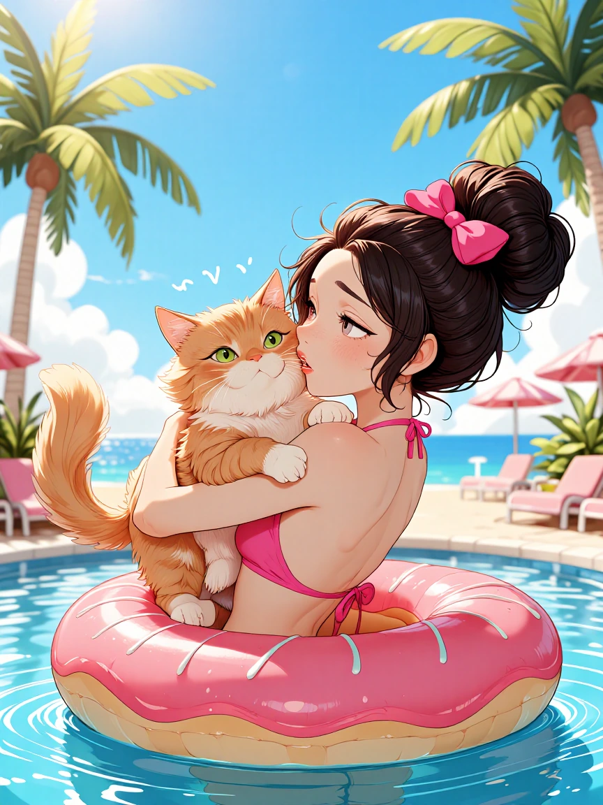 Woman with voluminous brunette hair in a bun with pink bow, holding a fluffy ginger cat, floating on a pink donut pool float in tropical resort pool, wearing hot pink bikini, holding glazed donut, palm trees and blue sky, bright sunny day, digital il