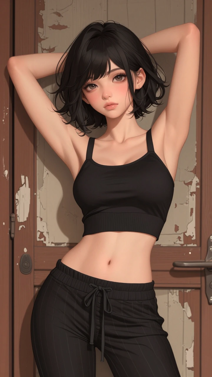 Detailed anime-style digital illustration of a young woman with short wavy black hair framing her face, large expressive brown eyes, smooth skin with soft blush on her cheeks, wearing a fitted black crop top and high-waisted black drawstring pants wi