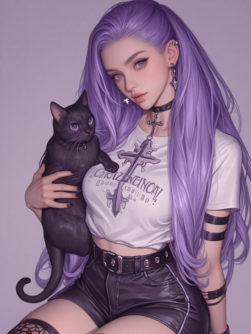 Elegant woman, purple lavender ombre hair, everything purple and lavender. Cutoffs and Tshirt . oh, and with a cat